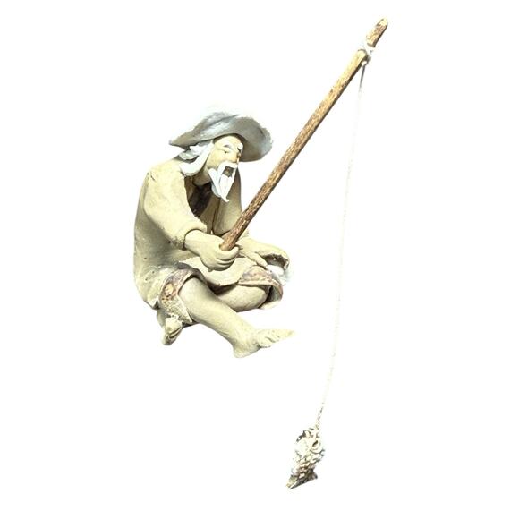 Chinese Shiwan Fisherman Figurine Mudman Fishing Pole Oriental Clay Pottery 2" - Picture 2 of 13